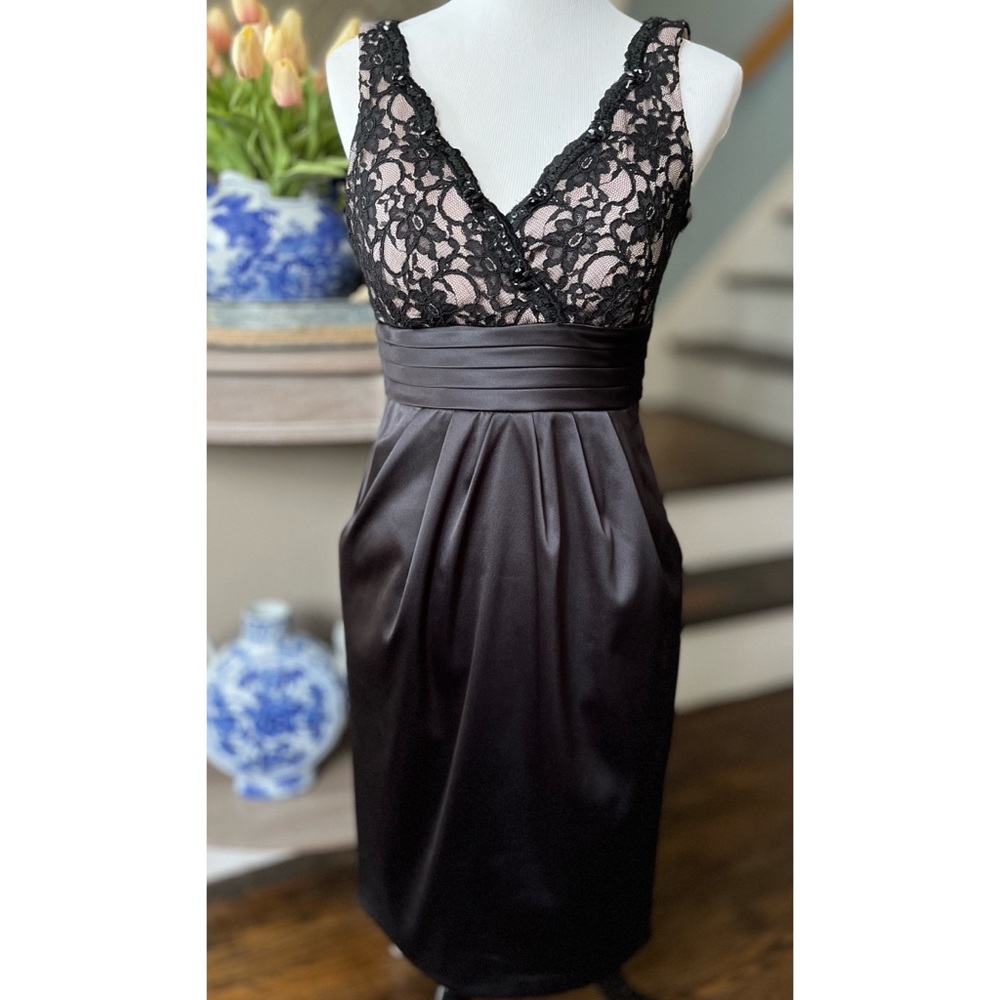 Dress Barn Collection 6 Black Lace & Satin Dress w/ pockets. Pleated waist.